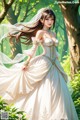 A woman in a wedding dress standing in the woods.