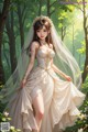 A woman in a wedding dress standing in a forest.