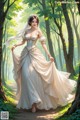 A woman in a wedding dress walking through a forest.