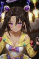 Anime girl with long black hair wearing a yellow and purple outfit.